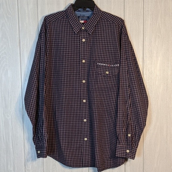 VTG Tommy Hilfiger Checker Pattern Long Sleeve Button Front Shirt EUC Flag SZ XL - Picture 1 of 10